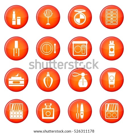 Cosmetics icons vector set of red circles isolated on white background