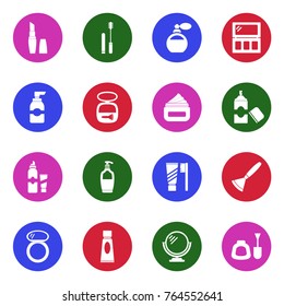 Cosmetics Icons. White Flat Design In Circle. Vector Illustration. 