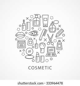 Cosmetics illustration with icons and signs in linear style