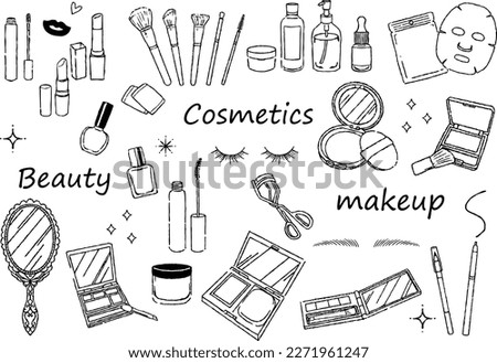 Cosmetics illustration set, hand-drawn line drawing