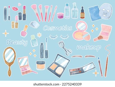 Cosmetics illustration set, watercolor with white edge