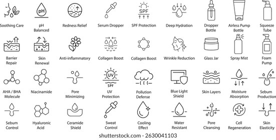 Ícones de ingredientes cosméticos, Ilustração vetorial.