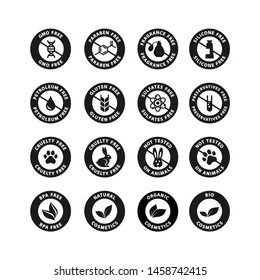 Cosmetics ingredients free circle vector badge stamp. Cosmetics packaging label set, fragrance free, silicone free, bio, natural cosmetics.