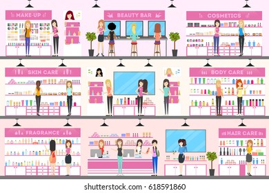 Cosmetics interior set. Store with beauty products.