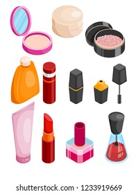 Cosmetics isometric collection. Female beauty products isometric set. Face or body care and treatment package. Vector isometric illustration on white background
