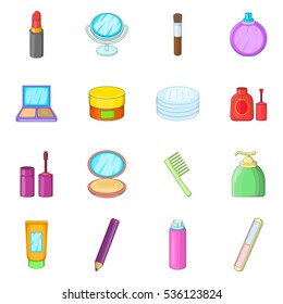 Cosmetics items icons set. Cartoon illustration of 16 cosmetics items vector icons for web