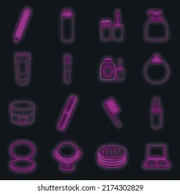 Cosmetics items icons set. Illustration of 16 cosmetics items vector icons neon color on black