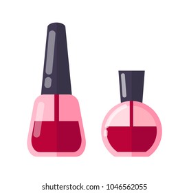 Cosmetics items and sprays set, collection of cosmetics, liquids of red colors in glass bottles, vector illustration isolated on white background