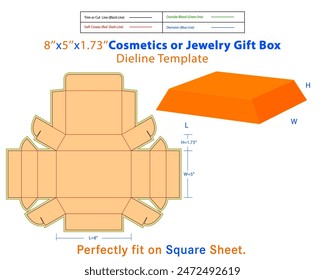 Caja de regalo de cosméticos o joyería L 4.8xW 3xH 1.04 pulgadas Plantilla Dieline. Un cuadro es un contenedor con una estructura tridimensional que se utiliza para almacenar, proteger y transportar elementos.