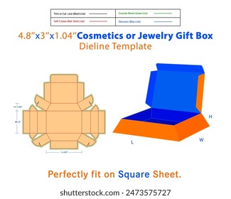 Caja de regalo de cosméticos o joyería L 4.8xW 3xH 1.04 pulgadas Plantilla Dieline. Un cuadro es un contenedor con una estructura tridimensional que se utiliza para almacenar, proteger y transportar elementos.