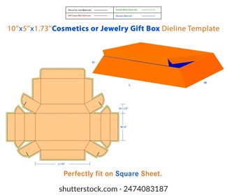 Caja de regalo de cosméticos o joyería L 10x W 5xH 1.73 pulgadas Plantilla Dieline. Un cuadro es un contenedor con una estructura tridimensional que se utiliza para almacenar, proteger y transportar elementos.