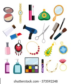 Cosmetics, jewelry and other ladies accessories. Vector icons in flat style on white background