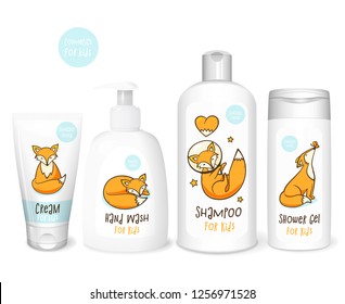 Cosmetics for kids white templates set , vector 3D concept with fox
