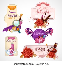 Cosmetics label set with makeup skin and body care products isolated vector illustration