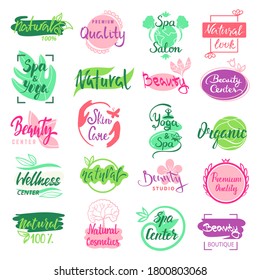 Colección de etiquetas y distintivos cosméticos, conjunto de ilustraciones vectoriales. Iconos florales para el spa y belleza etiqueta o stickers gráficos cosméticos. Logotipo de cuidado de la piel, signos naturales abstractos para productos cosméticos.