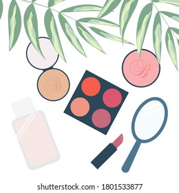 Cosmetics layout. Eye shadow, blush, foundation, concealer, lipstick. Set of vector flat icons isolated on white background.