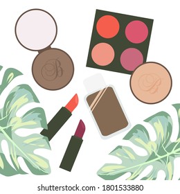 Cosmetics layout. Eye shadow, blush, foundation, concealer, lipstick. Set of vector flat icons isolated on white background.