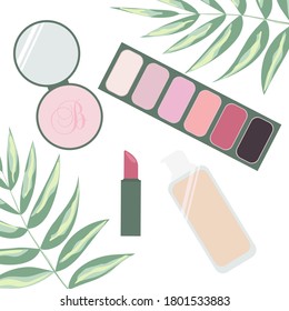 Cosmetics layout. Eye shadow, blush, foundation, concealer, lipstick. Set of vector flat icons isolated on white background.