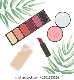 Cosmetics layout. Eye shadow, blush, foundation, concealer, lipstick. Set of vector flat icons isolated on white background.