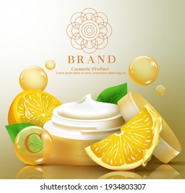 Diseño de plantilla vectorial de productos de limón cosméticos. El producto cosmético de crema hidratante se burla de extracto natural de limón para el cuidado de la piel de cara orgánica comercial de la marca. Ilustración del vector
