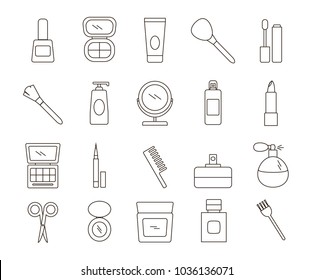Cosmetics line art  icons set. Design elements in linear style with different types of skin care  and beauty products: eye shadow; cream; mascara; lipstick; perfume etc - Shutterstock ID 1036136071