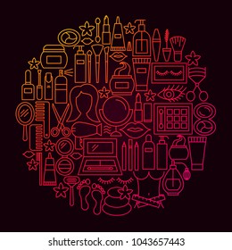 Cosmetics Line Icon Circle Concept. Vector Illustration of Beauty Objects.