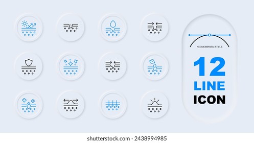 Cosmetics line icon set. Makeup, treatment, healing, drop, sunscreen, mascara, beauty, shadows, cream, face, mirror, cosmetologist. Neomorphism style. Vector line icon for Business