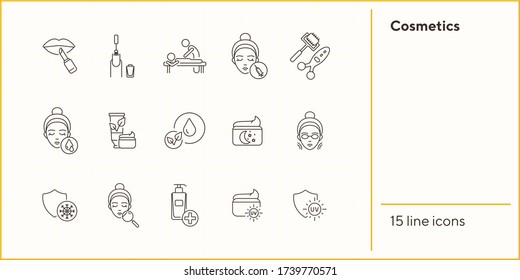 Cosmetics line icon set. Woman, lipstick, nail polish, massage. Beauty care concept. Can be used for topics like beauty salon, spa, skin care