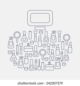 cosmetics line icons arranged in perfume shape on white background
