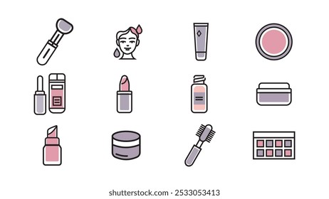 Cosmetics line icons set. Lipstick, mascara, lipstick, cream, eyelash curler, eyeliner. Vector illustration