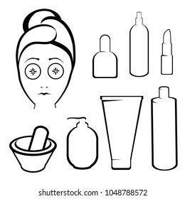 Cosmetics line icons. Set of Cosmetics Related Vector Line Icons. Contains such Icons as Cream Bottle, Lipstick and more. Woman take care about her face. Modern style vector illustration icons.