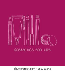 Cosmetics for Lips: applicator brush, lip gloss, lip balm