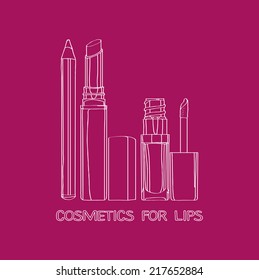 Cosmetics for Lips: applicator brush, lip gloss, lip balm