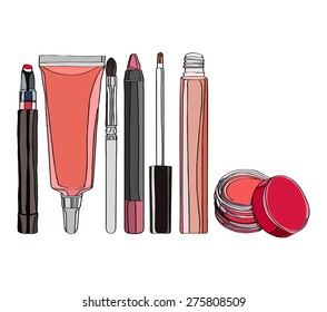 Cosmetics for Lips -  applicator brush, lip gloss, lip balm. Cosmetics for skin care. Blank cosmetic tubes on white background. Vector illustration  cosmetic banners, brochures and promotional items.