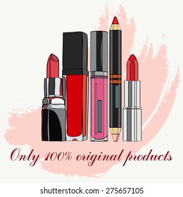 Cosmetics for Lips - lipstick, lip liner and some lip gloss. vector illustration for cosmetic banners, brochures and promotional items. Blank cosmetic tubes on pink textural background.