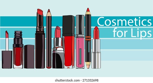 Cosmetics for Lips - lipstick, pencil and lip gloss style flat. vector illustration for cosmetic banners, brochures and promotional items. 