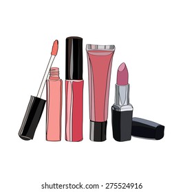 Cosmetics for Lips - lipstick and some lip gloss. vector illustration for cosmetic banners, brochures and promotional items