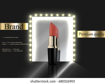 Cosmetics, lipstick black and gold colors on a dark background near the mirror with light bulbs, brand, premium, realistic 3D vector, advertisement, banner, catalogue, design eps10