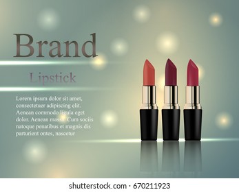 cosmetics lipstick in delicate background with rays and spots of light. Design, advertising, banner, vector realistic 3D