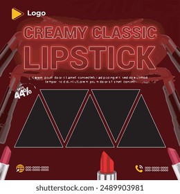 Cosmetics lipstick instagram and facebook banner poster template design | Cosmetic splashes drops with cosmetics tubes or bottles for beauty with social media poster design | beauty packaging design