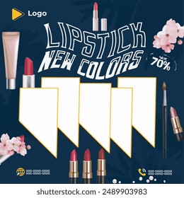 Cosmetics lipstick instagram and facebook banner poster template design | Cosmetic splashes drops with cosmetics tubes or bottles for beauty with social media poster design | beauty packaging design