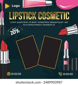 Cosmetics lipstick instagram and facebook banner poster template design | Cosmetic splashes drops with cosmetics tubes or bottles for beauty with social media poster design | beauty packaging design