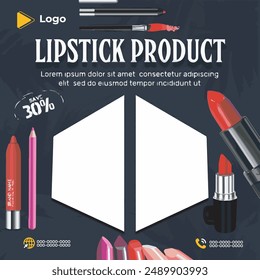 Cosmetics lipstick instagram and facebook banner poster template design | Cosmetic splashes drops with cosmetics tubes or bottles for beauty with social media poster design | beauty packaging design