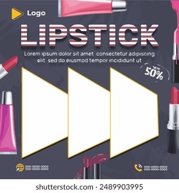 Cosmetics lipstick instagram and facebook banner poster template design | Cosmetic splashes drops with cosmetics tubes or bottles for beauty with social media poster design | beauty packaging design