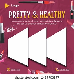 Cosmetics lipstick instagram and facebook banner poster template design | Cosmetic splashes drops with cosmetics tubes or bottles for beauty with social media poster design | beauty packaging design