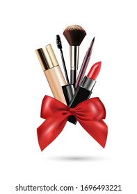 Cosmetics: lipstick, mascara, concealer with a red gift bow 3D realistic detailed mockup. Beauty and cosmetics background. Use for advertising flyer, banner, leaflet. Template Vector.