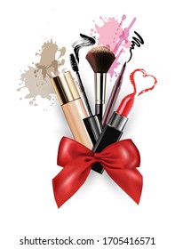 Cosmetics: lipstick, mascara, concealer with a red gift bow 3D realistic detailed mockup. Beauty and cosmetics background. Use for advertising flyer, banner, leaflet. Template Vector.