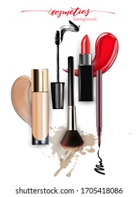 Cosmetics: lipstick, mascara, concealer and smear  red lipstick. 3D realistic detailed mockup. Beauty and cosmetics background. Use for advertising flyer, banner, leaflet. Template Vector.