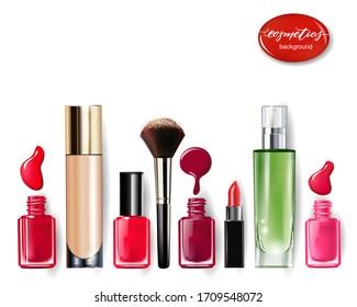 Cosmetics: lipstick, mascara, concealer and smear  red lipstick. 3D realistic detailed mockup  Beauty and cosmetics background. Use for advertising flyer, banner Template Vector.