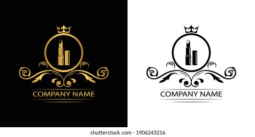 cosmetics logo template luxury royal vector lipstick company  decorative emblem with crown  